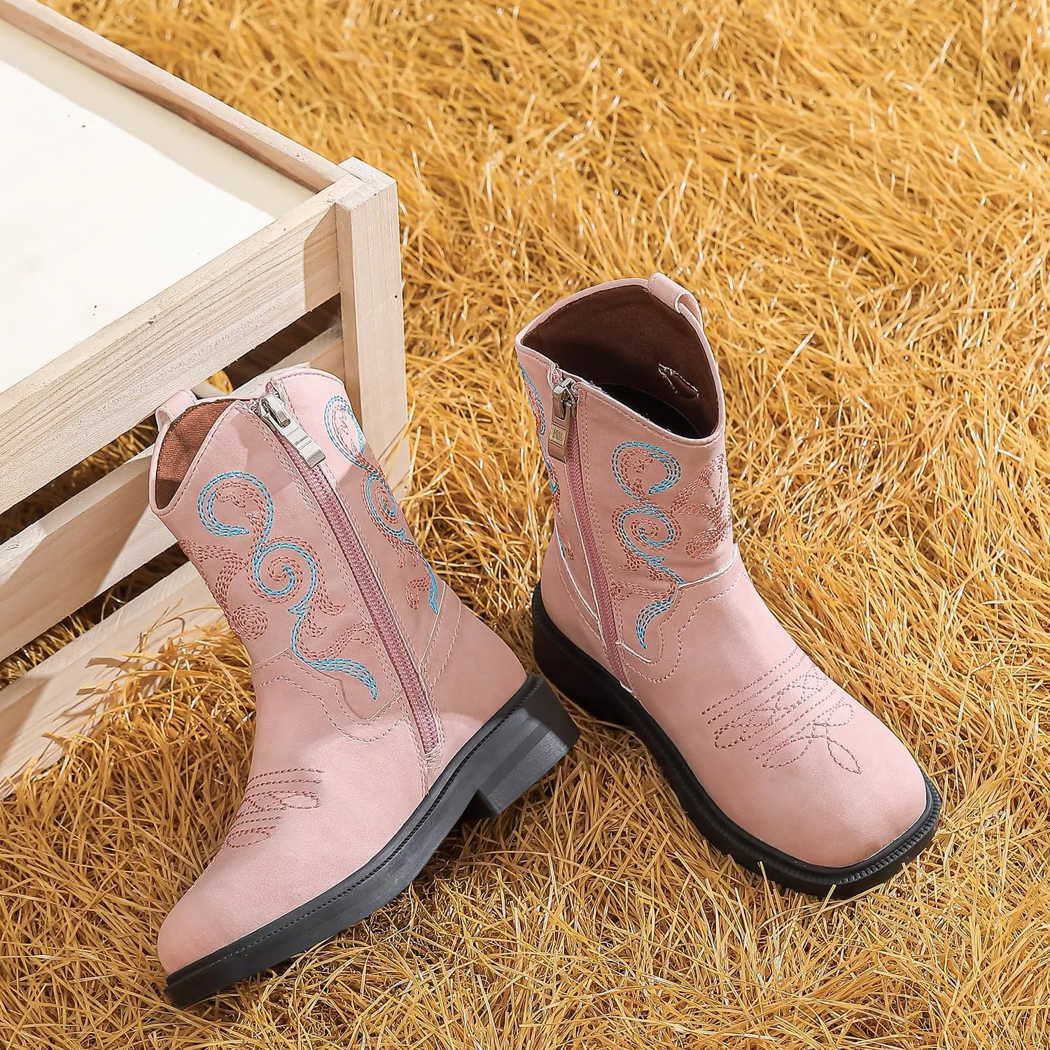 kkdom Cowboy Boots Cowgirl Boots for Toddler Little Boys Girls Kids Western Boots Square Toe Mid Calf Riding Boots