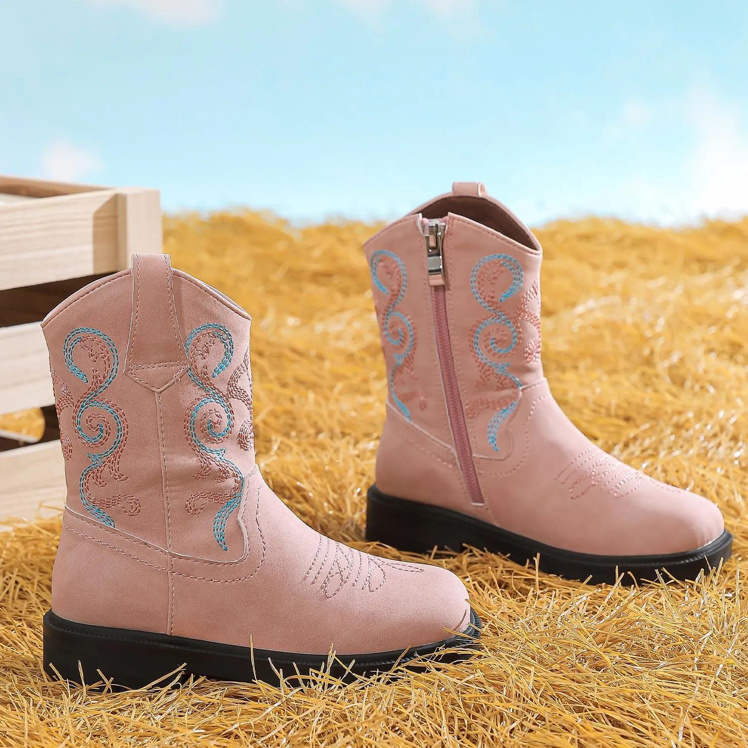kkdom Cowboy Boots Cowgirl Boots for Toddler Little Boys Girls Kids Western Boots Square Toe Mid Calf Riding Boots
