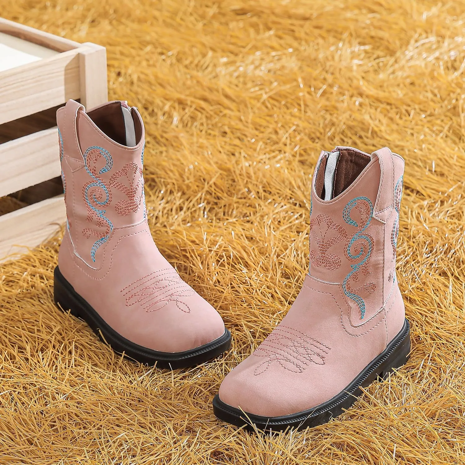 kkdom Cowboy Boots Cowgirl Boots for Toddler Little Boys Girls Kids Western Boots Square Toe Mid Calf Riding Boots