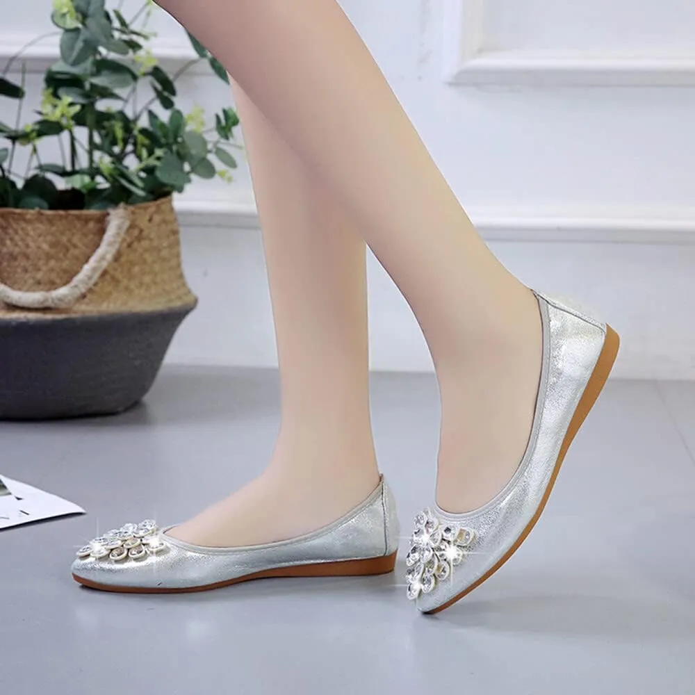Kosseco Women's Ballet Flats,Pointed Toe Collapsible Rhinestones Shiny Rhinestone Comfort Slip-On Flats