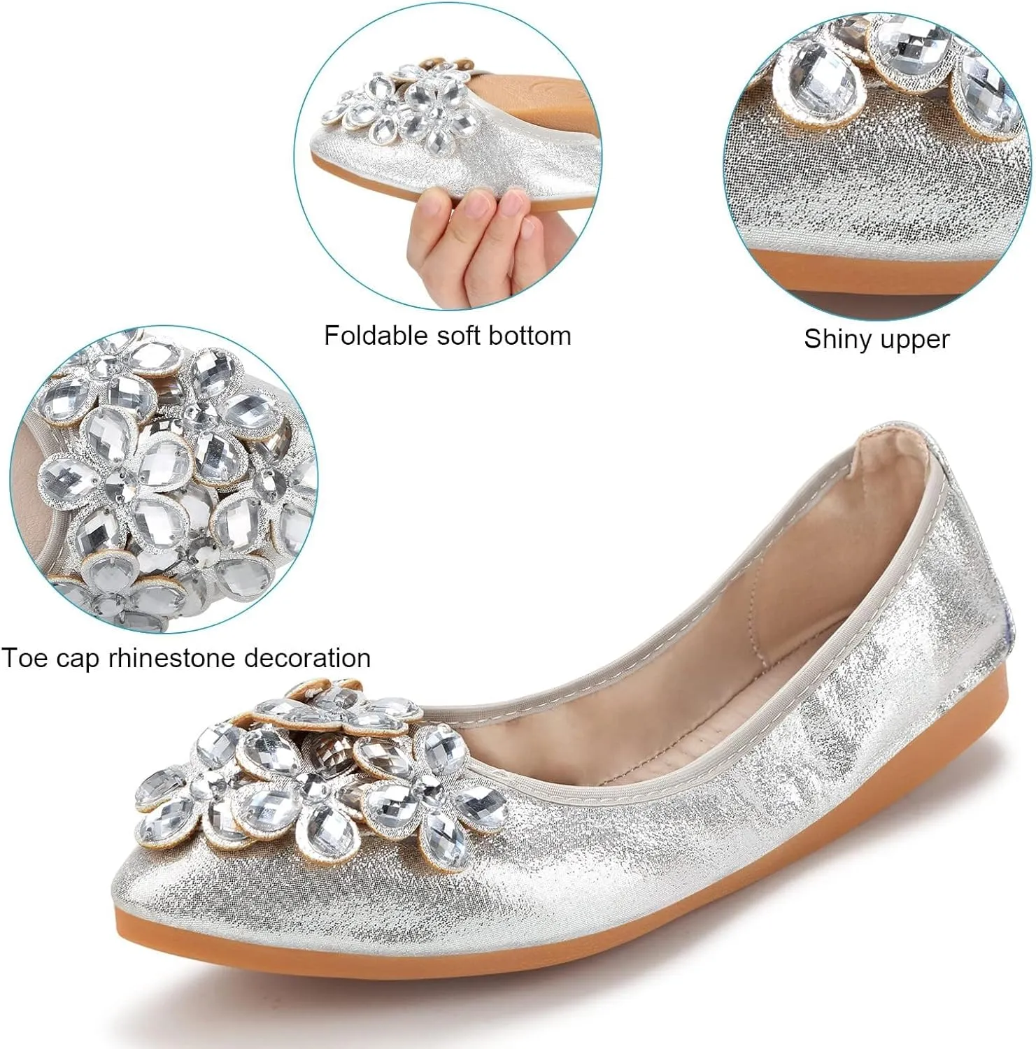 Kosseco Women's Ballet Flats,Pointed Toe Collapsible Rhinestones Shiny Rhinestone Comfort Slip-On Flats