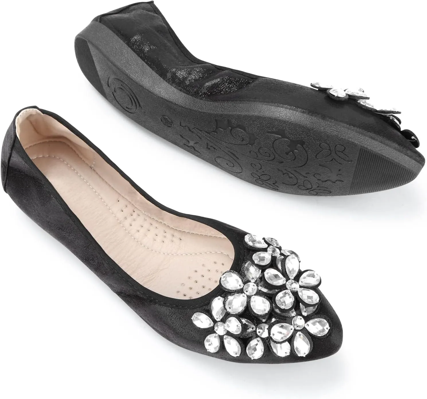 Kosseco Women's Ballet Flats,Pointed Toe Collapsible Rhinestones Shiny Rhinestone Comfort Slip-On Flats