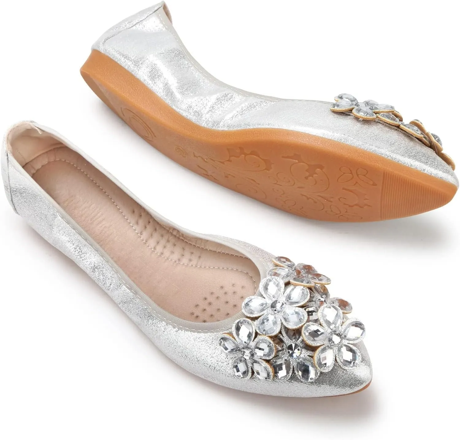 Kosseco Women's Ballet Flats,Pointed Toe Collapsible Rhinestones Shiny Rhinestone Comfort Slip-On Flats