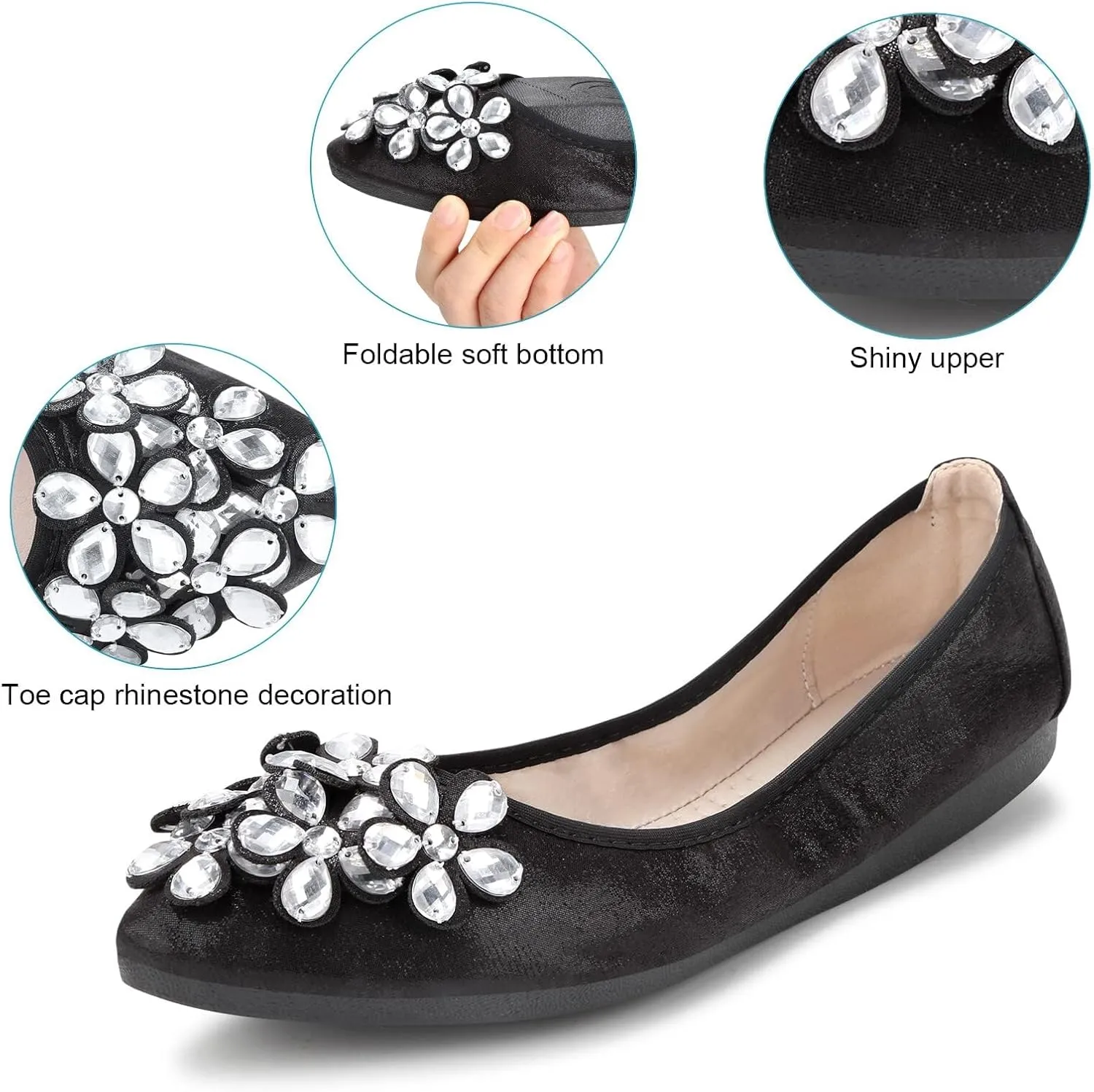 Kosseco Women's Ballet Flats,Pointed Toe Collapsible Rhinestones Shiny Rhinestone Comfort Slip-On Flats