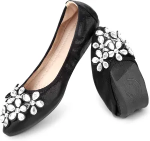 Kosseco Women's Ballet Flats,Pointed Toe Collapsible Rhinestones Shiny Rhinestone Comfort Slip-On Flats