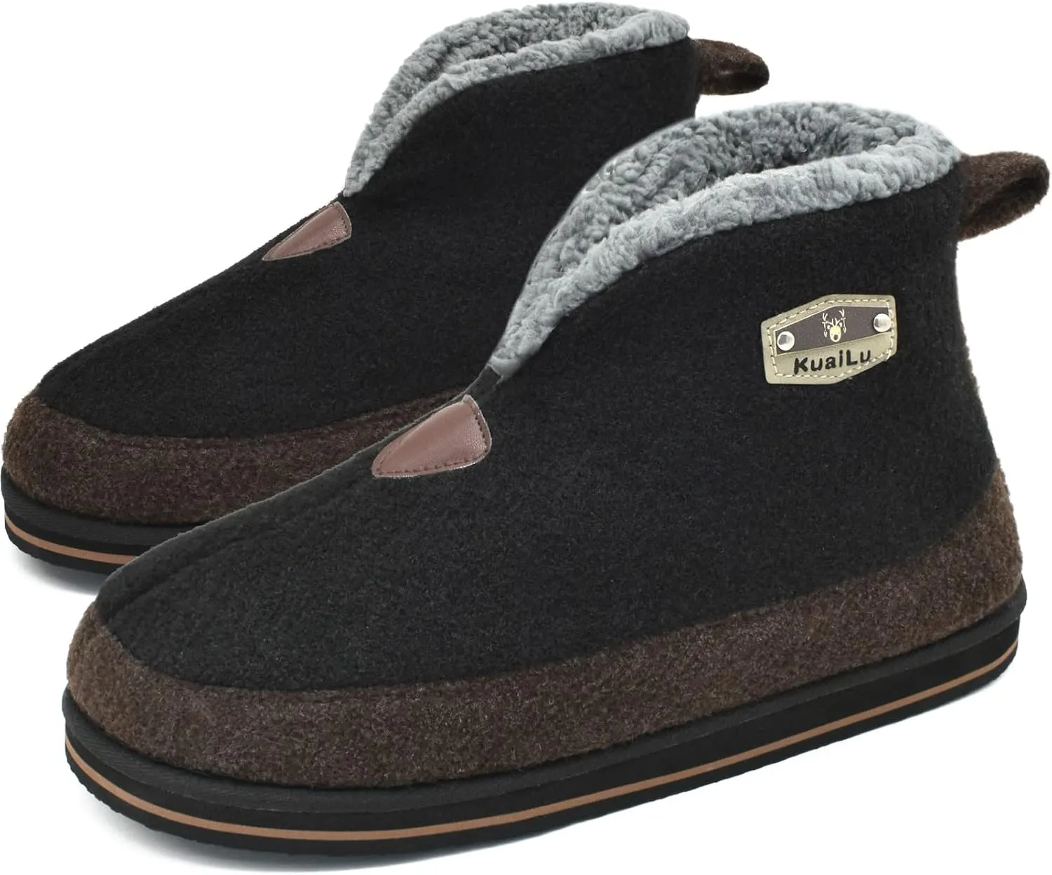 KuaiLu Mens Winter Slippers Memory Foam Slipper Boots for Men Cozy Felt Wool House Booties with Warm Sherpa Plush Lining Non-slip Rubber Sole Indoor Outdoor 7-14