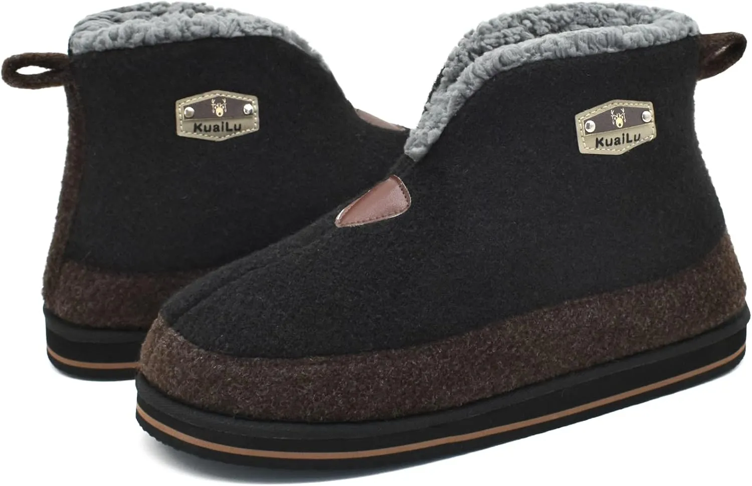KuaiLu Mens Winter Slippers Memory Foam Slipper Boots for Men Cozy Felt Wool House Booties with Warm Sherpa Plush Lining Non-slip Rubber Sole Indoor Outdoor 7-14