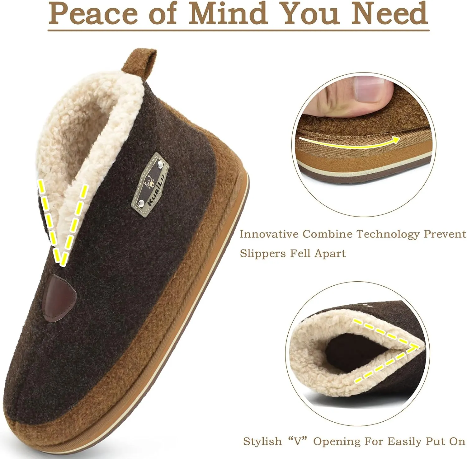 KuaiLu Mens Winter Slippers Memory Foam Slipper Boots for Men Cozy Felt Wool House Booties with Warm Sherpa Plush Lining Non-slip Rubber Sole Indoor Outdoor 7-14