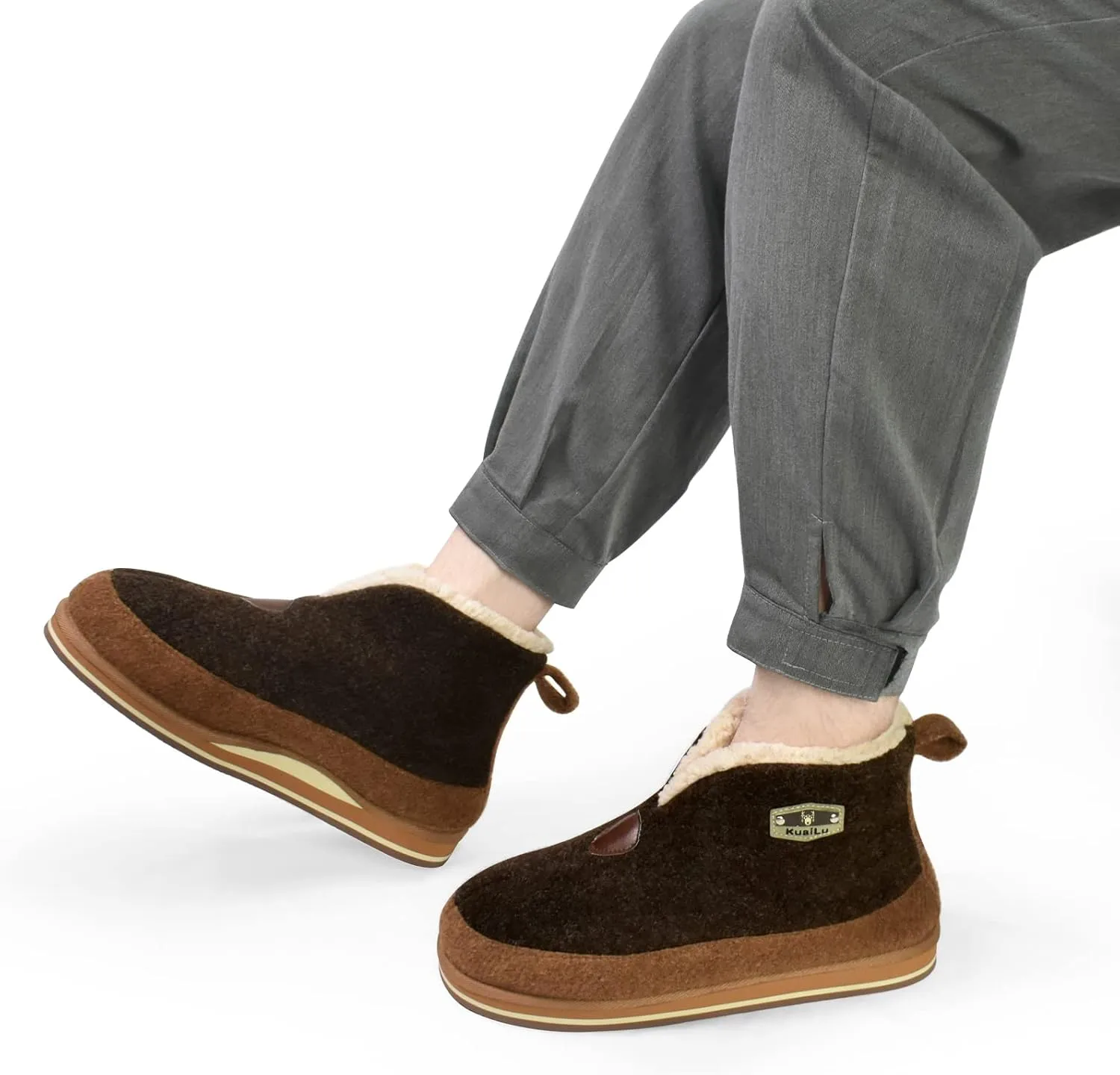 KuaiLu Mens Winter Slippers Memory Foam Slipper Boots for Men Cozy Felt Wool House Booties with Warm Sherpa Plush Lining Non-slip Rubber Sole Indoor Outdoor 7-14