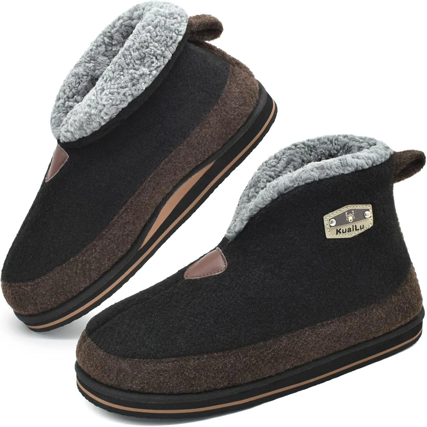 KuaiLu Mens Winter Slippers Memory Foam Slipper Boots for Men Cozy Felt Wool House Booties with Warm Sherpa Plush Lining Non-slip Rubber Sole Indoor Outdoor 7-14