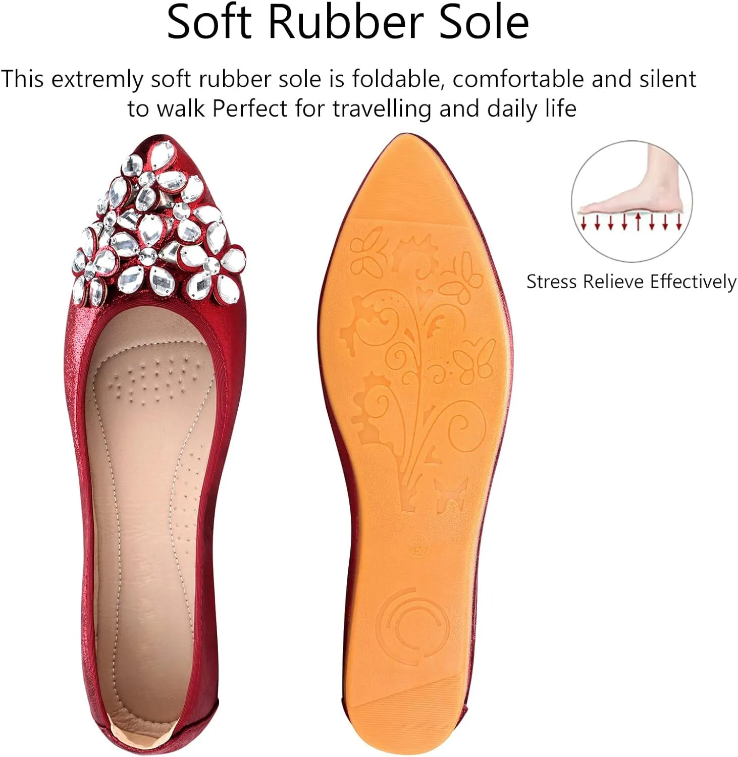 KUNWFNIX Women Ballet Flats Rhinestone Wedding Ballerina Shoes Foldable Sparkly Comfort Slip on Flat Shoes