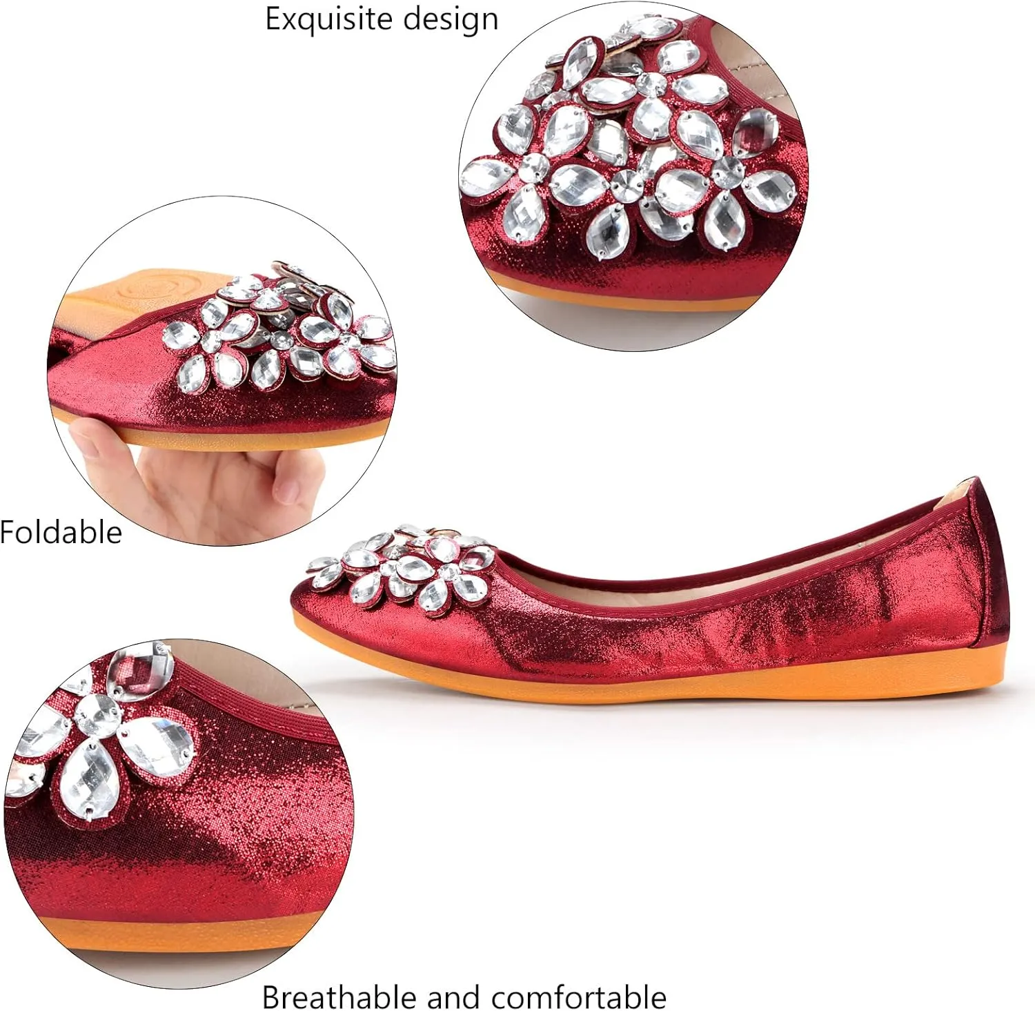 KUNWFNIX Women Ballet Flats Rhinestone Wedding Ballerina Shoes Foldable Sparkly Comfort Slip on Flat Shoes