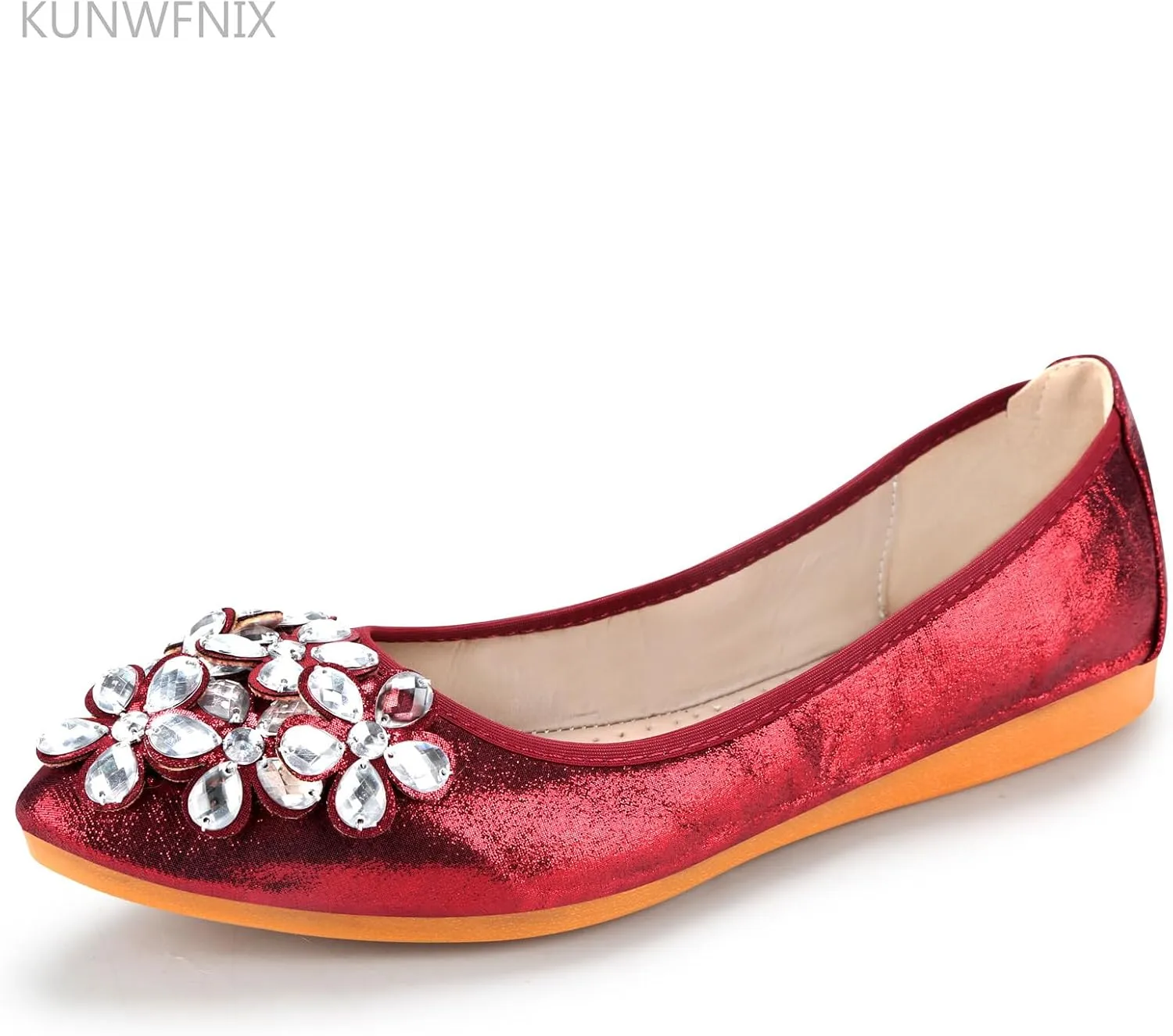 KUNWFNIX Women Ballet Flats Rhinestone Wedding Ballerina Shoes Foldable Sparkly Comfort Slip on Flat Shoes