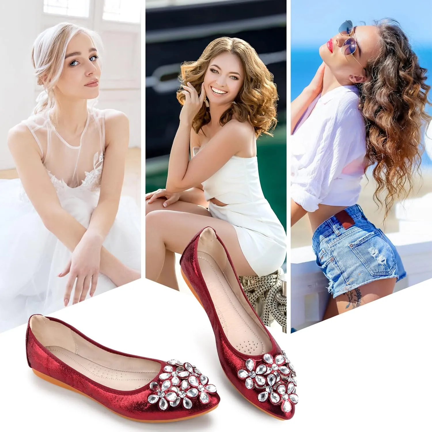 KUNWFNIX Women Ballet Flats Rhinestone Wedding Ballerina Shoes Foldable Sparkly Comfort Slip on Flat Shoes