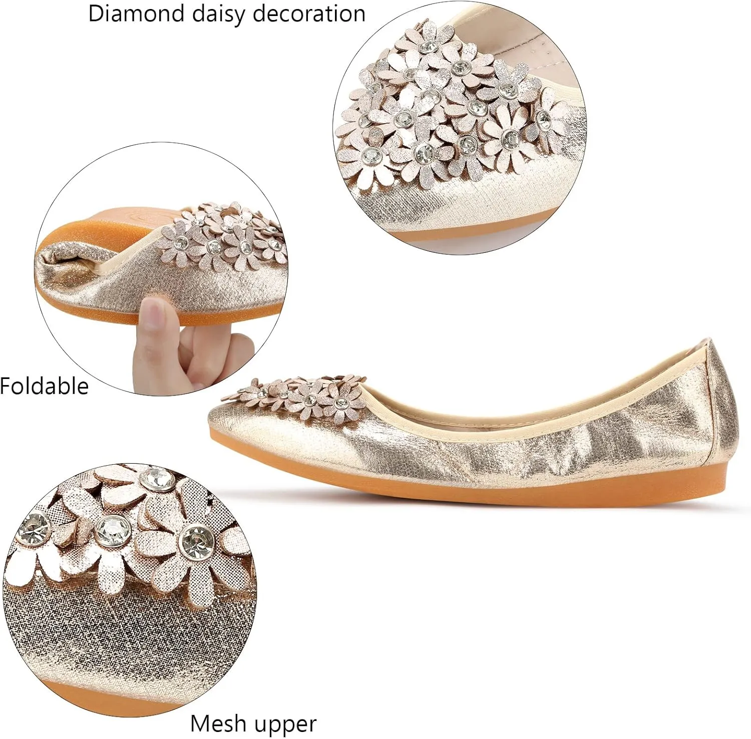 KUNWFNIX Women's Ballet Flats Foldable Classic Crown Rhinestone Slip On Flowers PU Leather Pointed Toe Comfort Flat Casual Dress Shoes