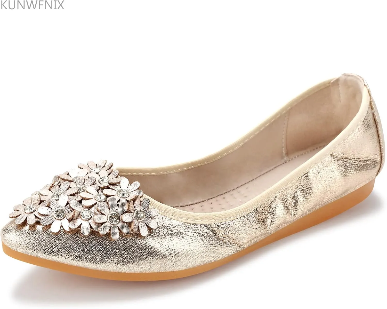 KUNWFNIX Women's Ballet Flats Foldable Classic Crown Rhinestone Slip On Flowers PU Leather Pointed Toe Comfort Flat Casual Dress Shoes