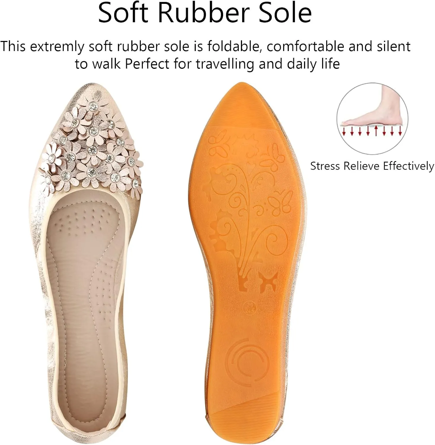 KUNWFNIX Women's Ballet Flats Foldable Classic Crown Rhinestone Slip On Flowers PU Leather Pointed Toe Comfort Flat Casual Dress Shoes