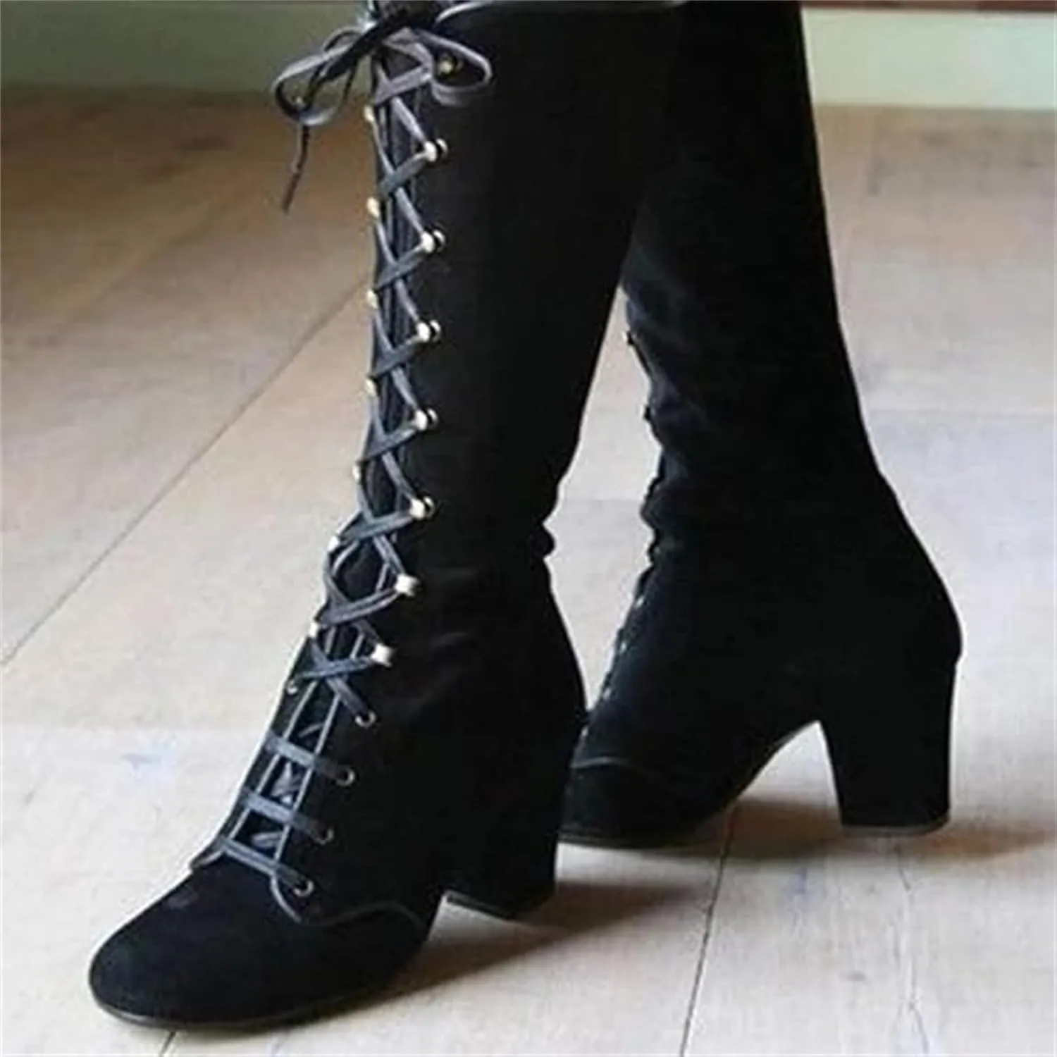 Ladmiple Fall Boots Women Knee High Wide Calf Western Cowboy Boots Fashion Chunky Heel Lace Up Cowgirl Dress Shoes 2024