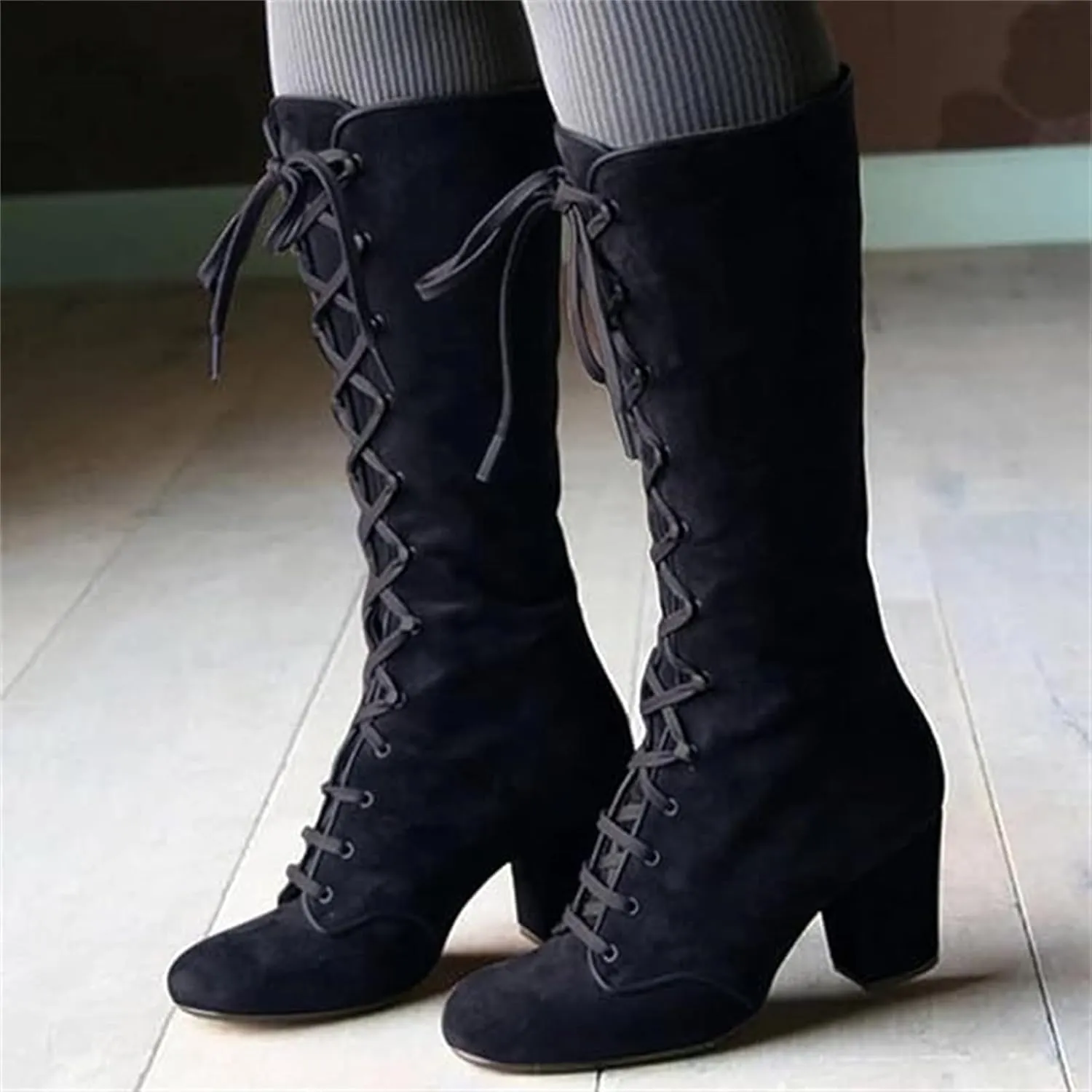 Ladmiple Fall Boots Women Knee High Wide Calf Western Cowboy Boots Fashion Chunky Heel Lace Up Cowgirl Dress Shoes 2024