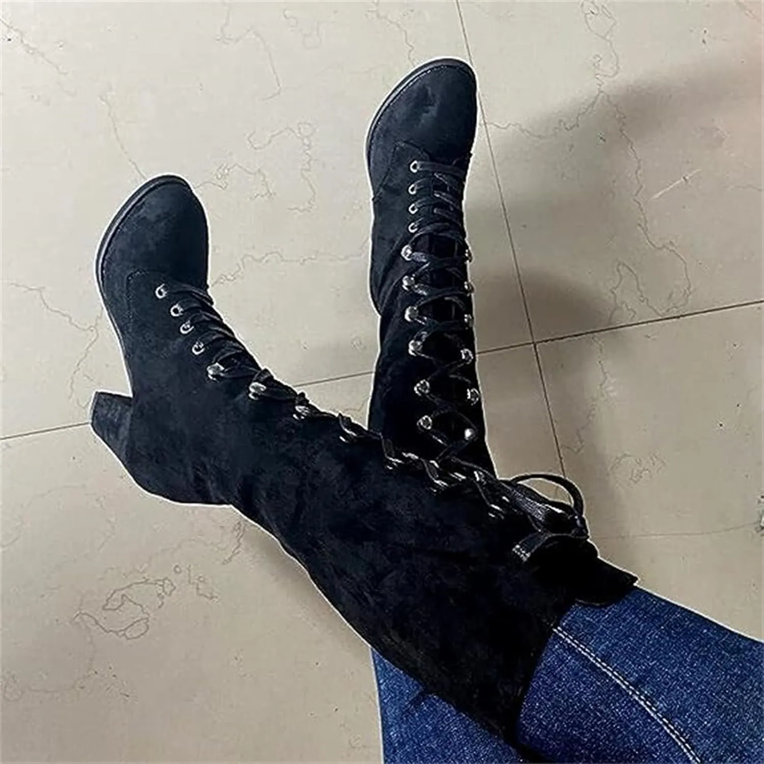 Ladmiple Fall Boots Women Knee High Wide Calf Western Cowboy Boots Fashion Chunky Heel Lace Up Cowgirl Dress Shoes 2024