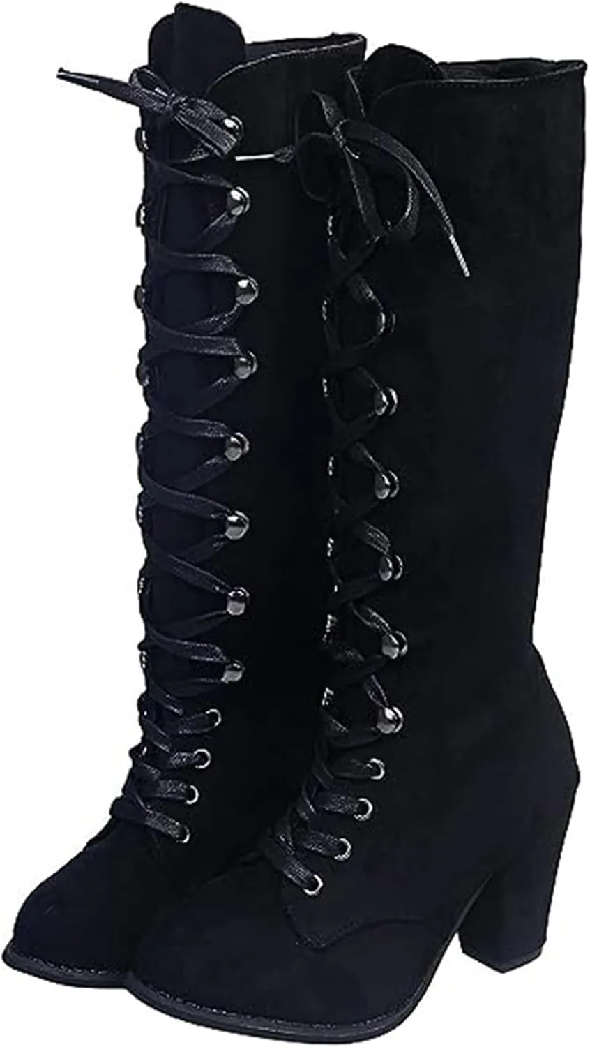 Ladmiple Fall Boots Women Knee High Wide Calf Western Cowboy Boots Fashion Chunky Heel Lace Up Cowgirl Dress Shoes 2024