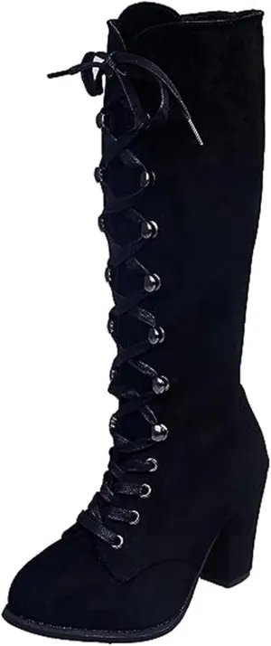 Ladmiple Fall Boots Women Knee High Wide Calf Western Cowboy Boots Fashion Chunky Heel Lace Up Cowgirl Dress Shoes 2024