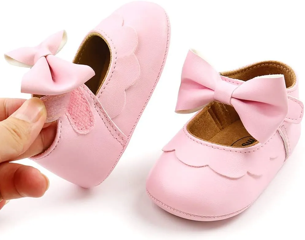 LAFEGEN Baby Girls Mary Jane Flats with Bownot Non Slip Soft Sole PU Leather Newborn Infant Toddler First Walker Cirb Dress Shoes