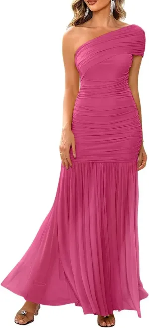 LAGSHIAN Women's Elegant Formal Long Dress One Shoulder Sleeveless Ruched Bodycon Evening Dress