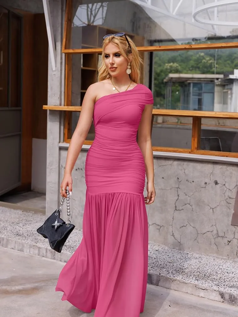 LAGSHIAN Women's Elegant Formal Long Dress One Shoulder Sleeveless Ruched Bodycon Evening Dress