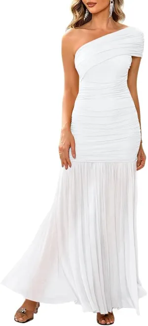 LAGSHIAN Women's Elegant Formal Long Dress One Shoulder Sleeveless Ruched Bodycon Evening Dress