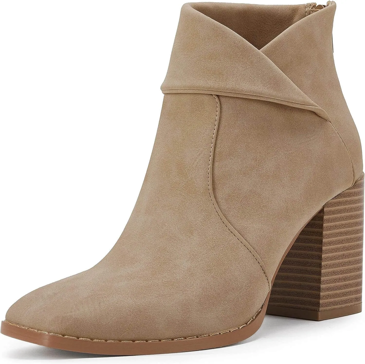 LAICIGO Women's Square Toe Ankle Boots High Chunky Stacked Heel Slip On Criss Cross Zipper Booties