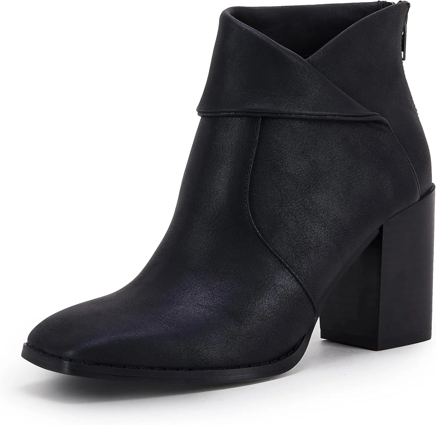 LAICIGO Women's Square Toe Ankle Boots High Chunky Stacked Heel Slip On Criss Cross Zipper Booties