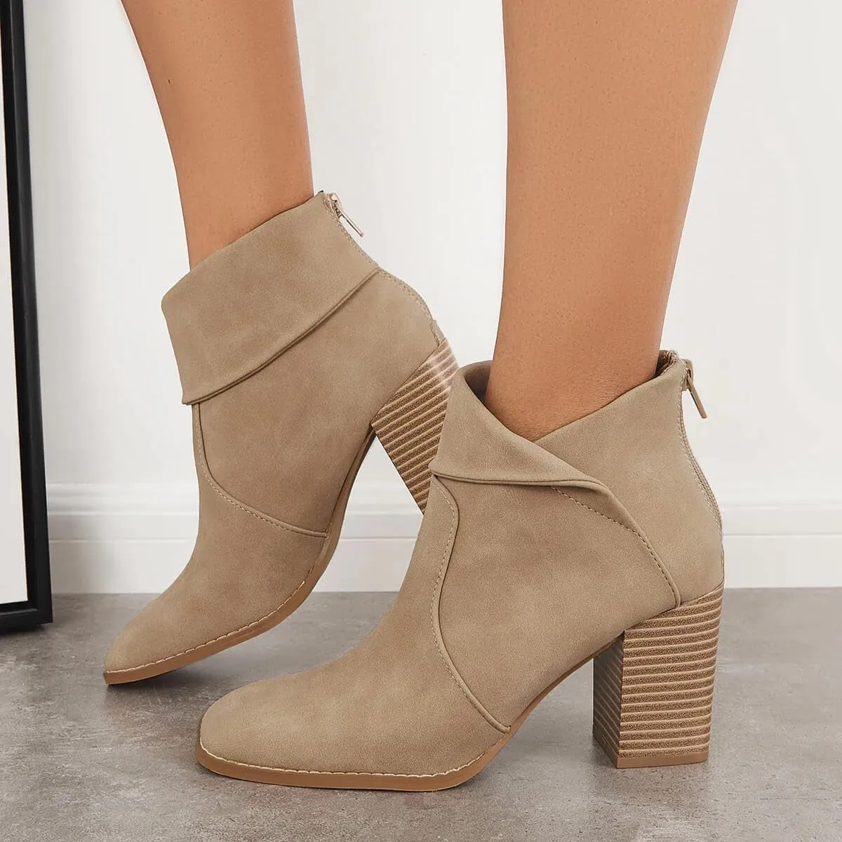LAICIGO Women's Square Toe Ankle Boots High Chunky Stacked Heel Slip On Criss Cross Zipper Booties