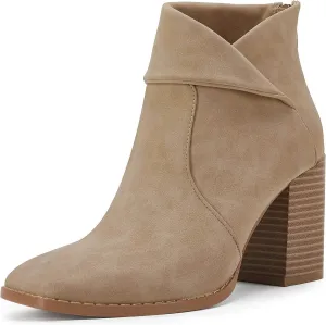 LAICIGO Women's Square Toe Ankle Boots High Chunky Stacked Heel Slip On Criss Cross Zipper Booties