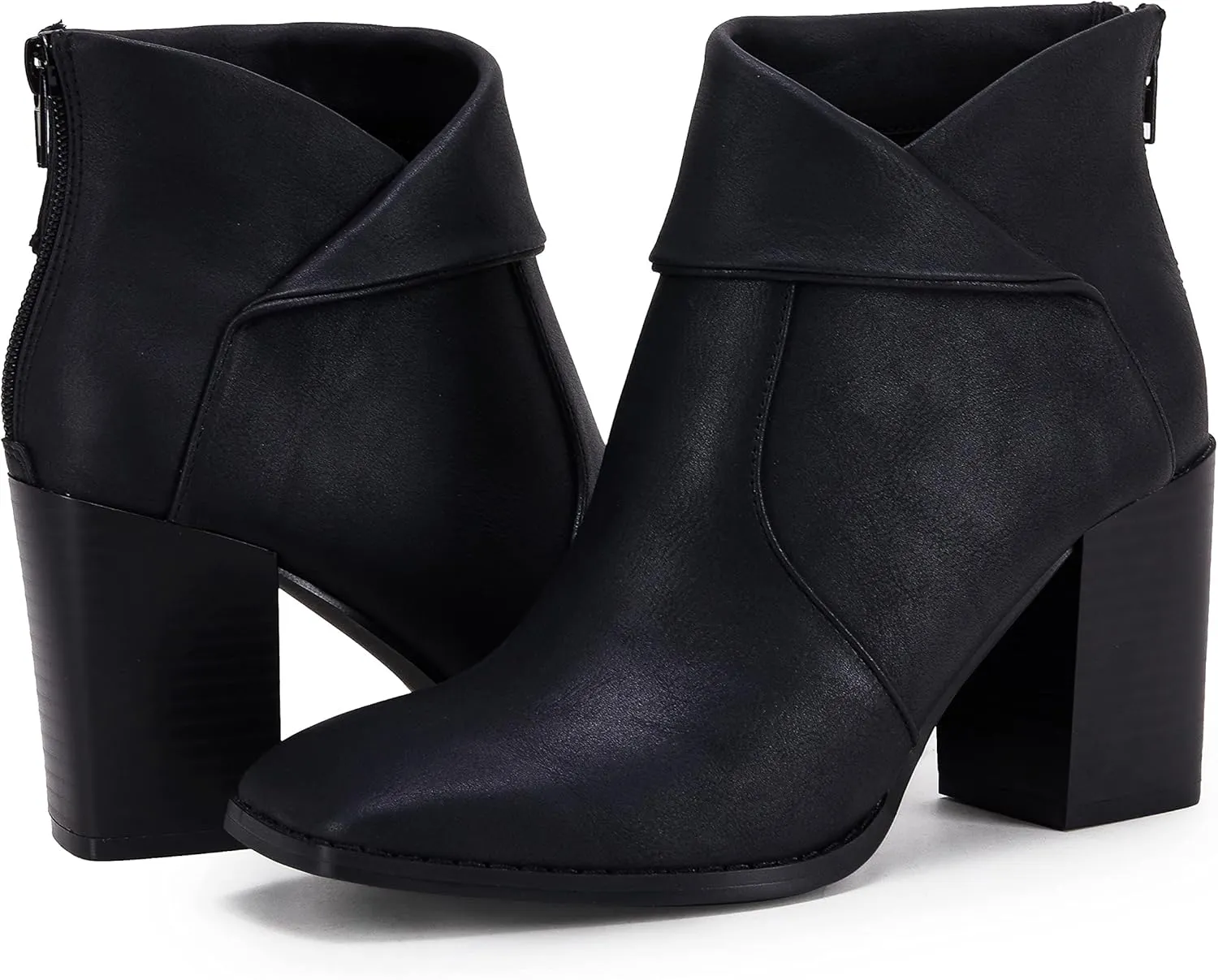 LAICIGO Women's Square Toe Ankle Boots High Chunky Stacked Heel Slip On Criss Cross Zipper Booties