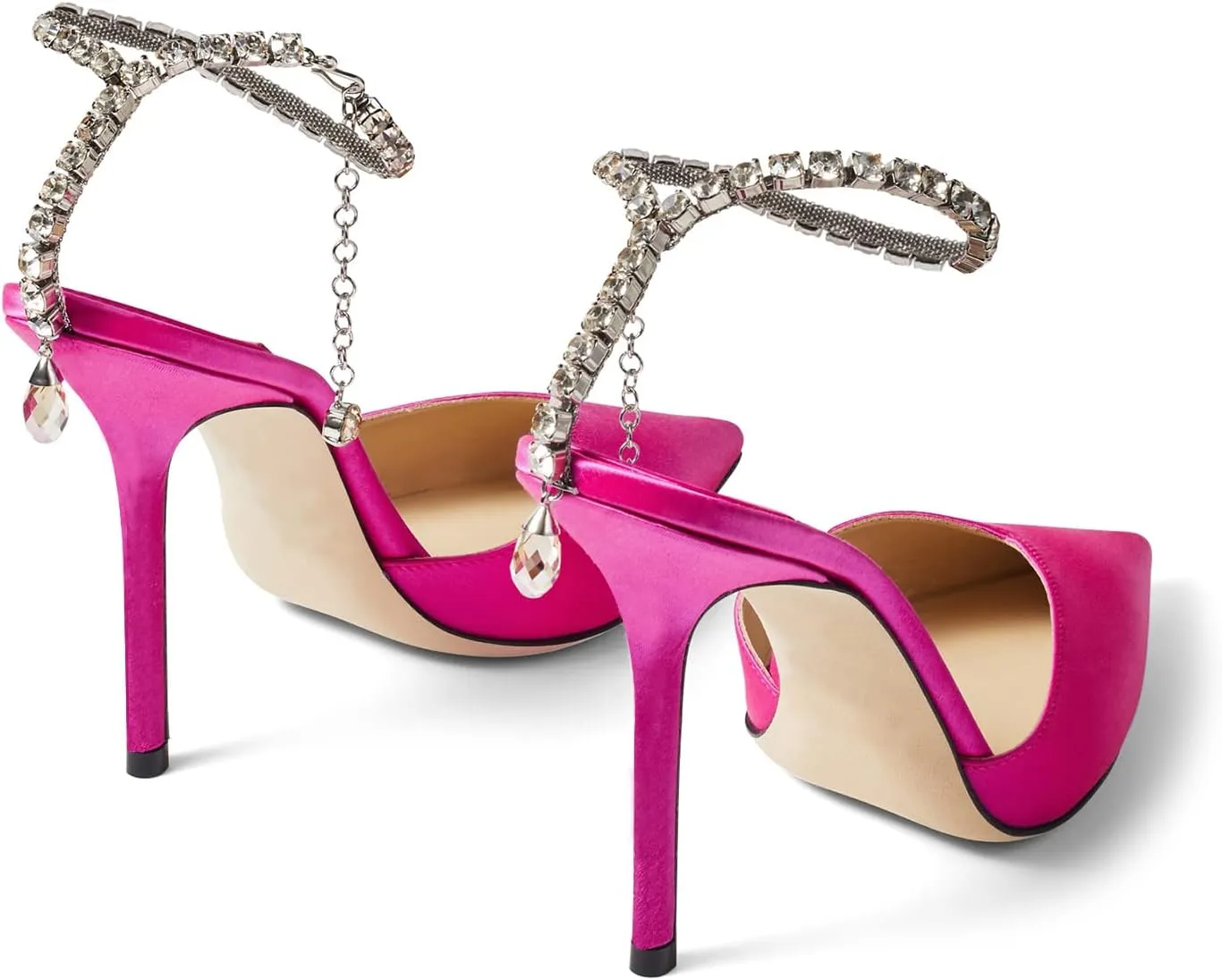 LauraVicci Women's Heeled Sandals Crystal Chain Ankle Straps Rhinestones Buckle High Heels Stiletto Slip On Wedding Party Satin Dress Shoes