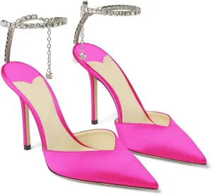 LauraVicci Women's Heeled Sandals Crystal Chain Ankle Straps Rhinestones Buckle High Heels Stiletto Slip On Wedding Party Satin Dress Shoes