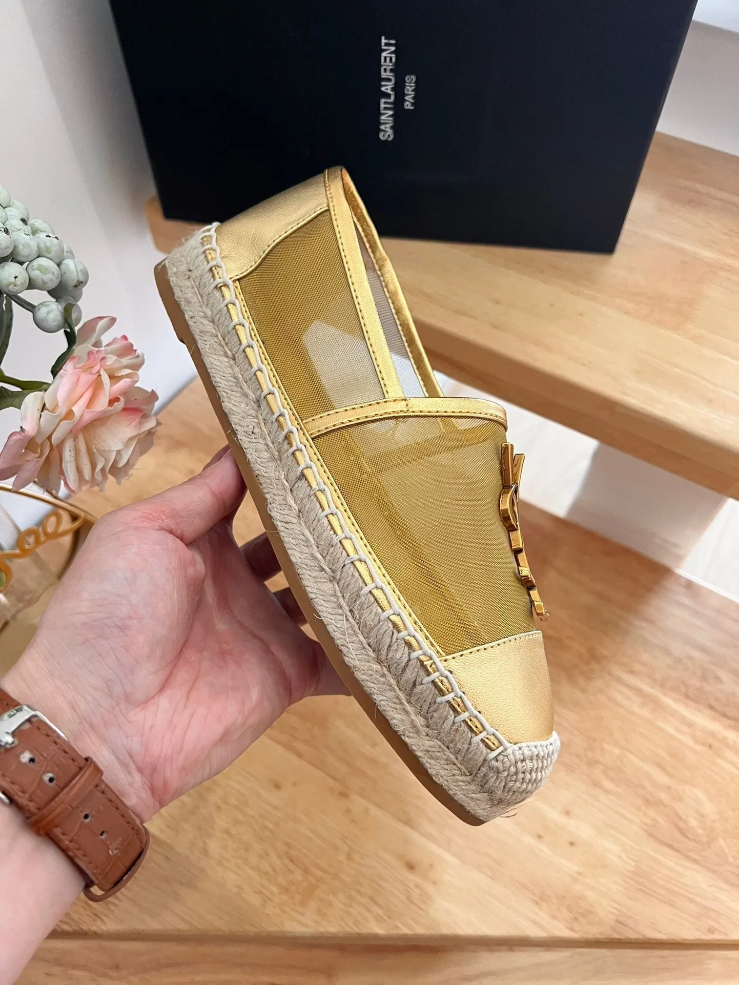 Laurent YVES Saint LOGO SLIP Luxurious AND MESH METALLIC ON Touch-sensitive GOLD SL CALFSKIN