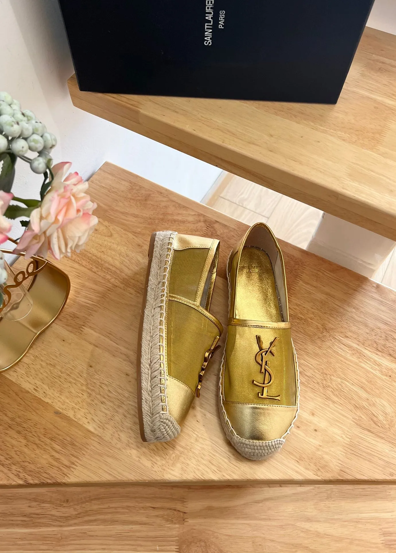 Laurent YVES Saint LOGO SLIP Luxurious AND MESH METALLIC ON Touch-sensitive GOLD SL CALFSKIN