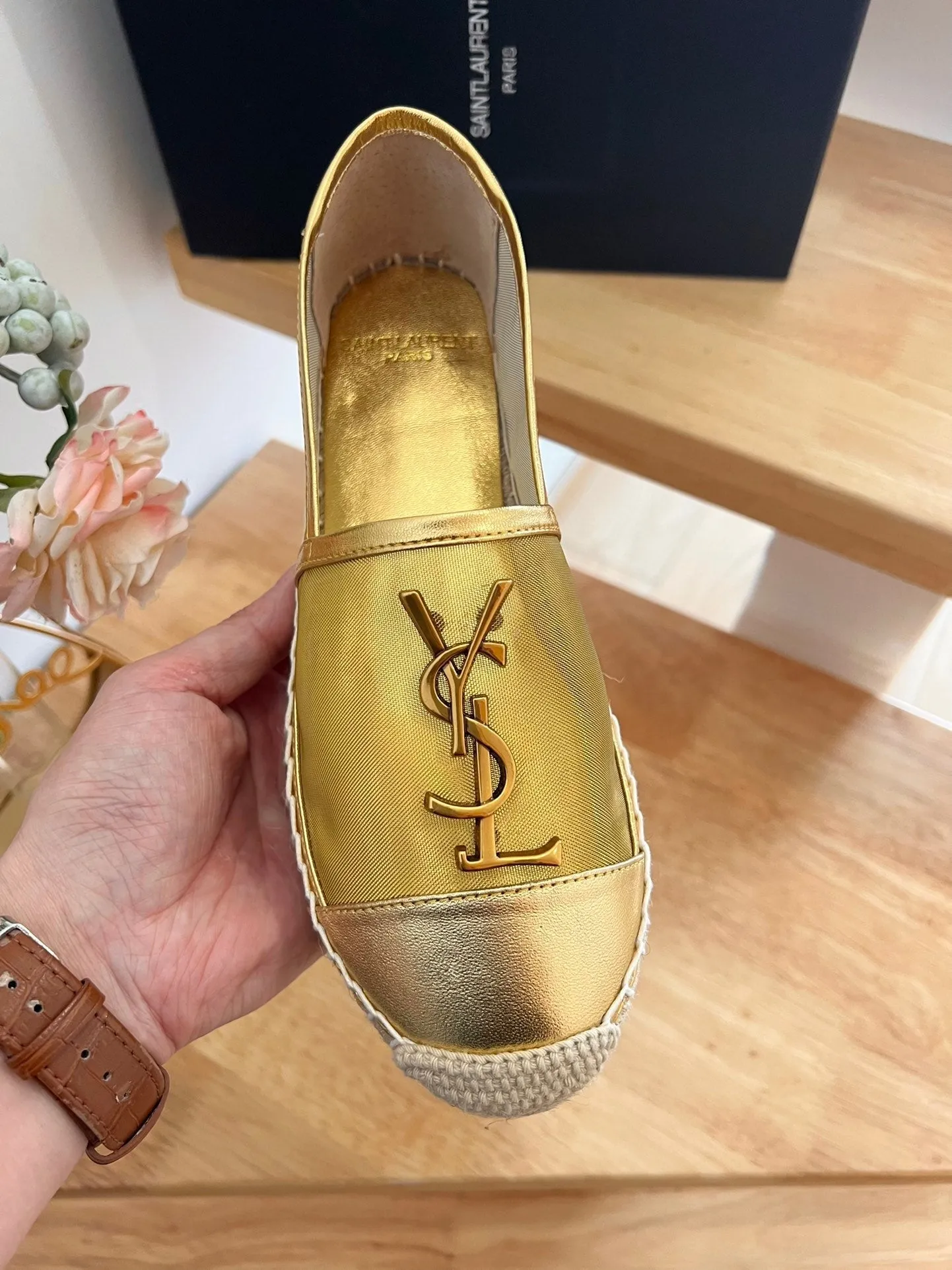 Laurent YVES Saint LOGO SLIP Luxurious AND MESH METALLIC ON Touch-sensitive GOLD SL CALFSKIN