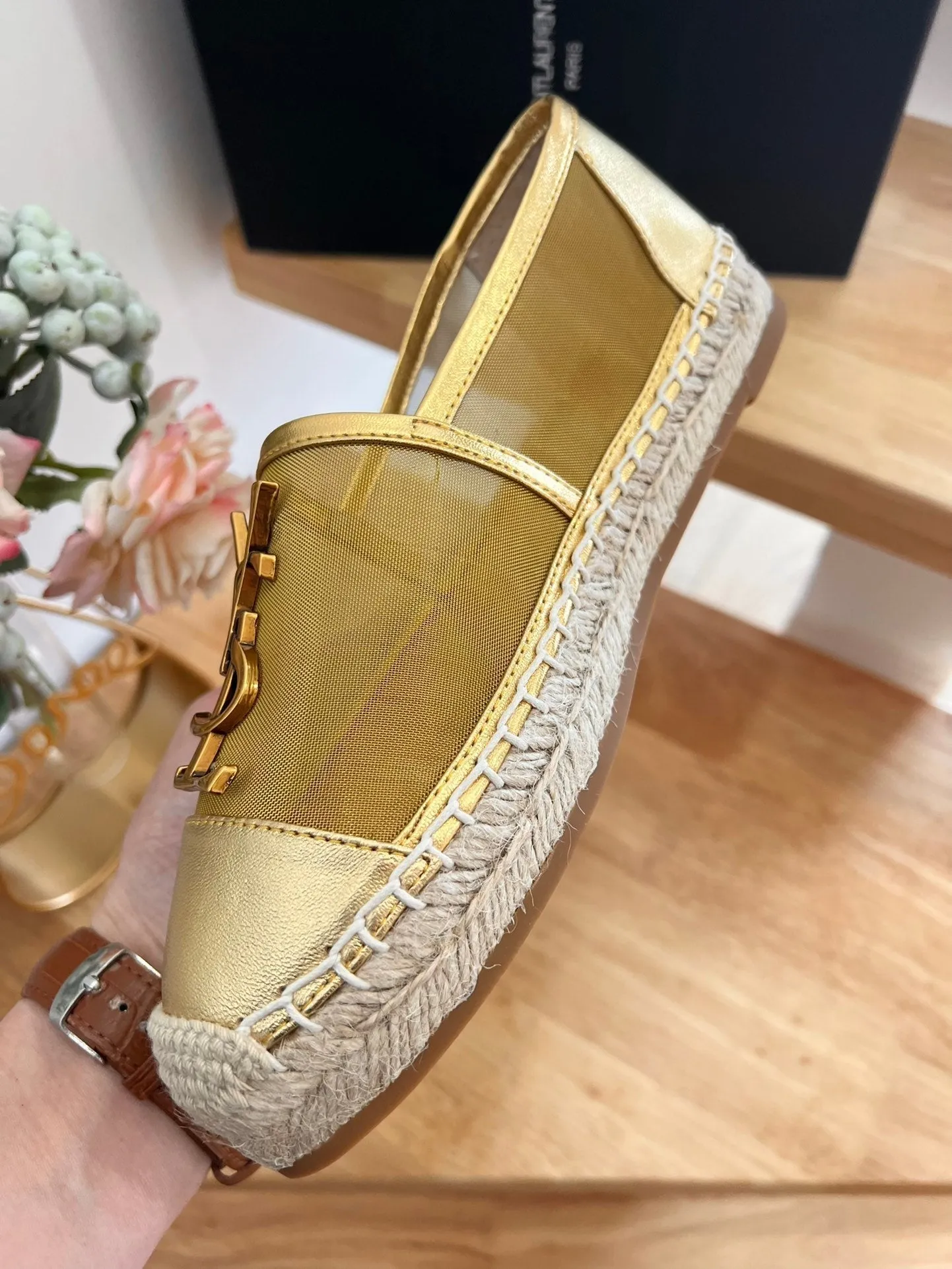 Laurent YVES Saint LOGO SLIP Luxurious AND MESH METALLIC ON Touch-sensitive GOLD SL CALFSKIN