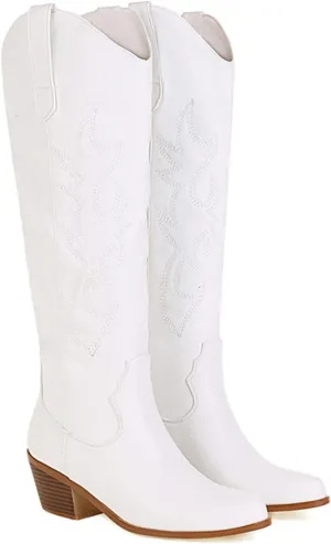 Lausiuoe Cowboy Boots For Women Wide Calf Wide Foot Knee High Western Cowgirl Style Embroidered Chunky Heel Fashion Boot