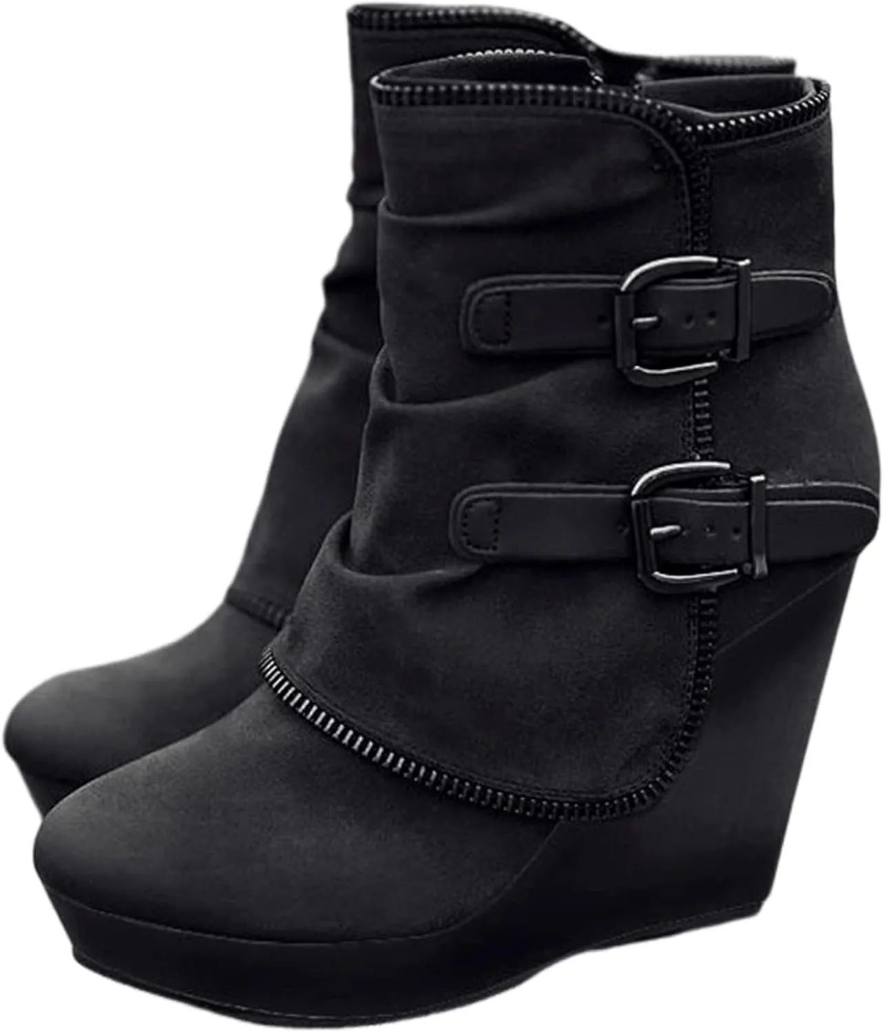 Lausiuoe Wedge Booties For Women Closed Toe Ankle Boots Slip on Heeled Casual Fashion Western Platform Fall Booties
