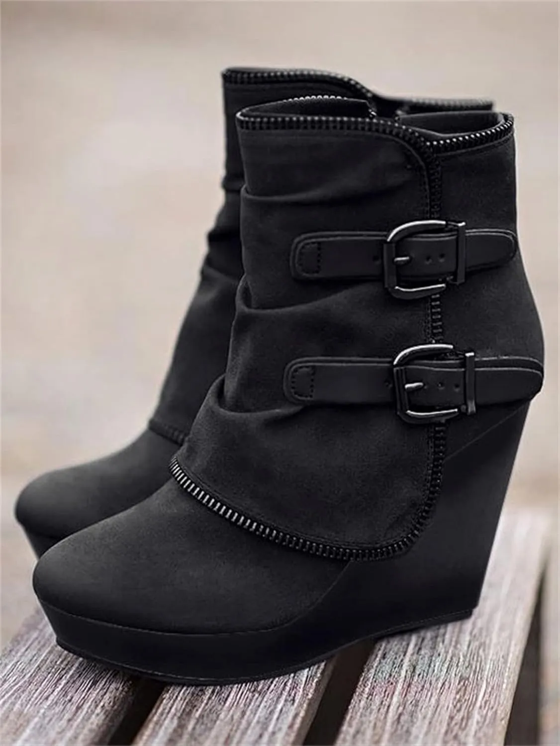 Lausiuoe Wedge Booties For Women Closed Toe Ankle Boots Slip on Heeled Casual Fashion Western Platform Fall Booties
