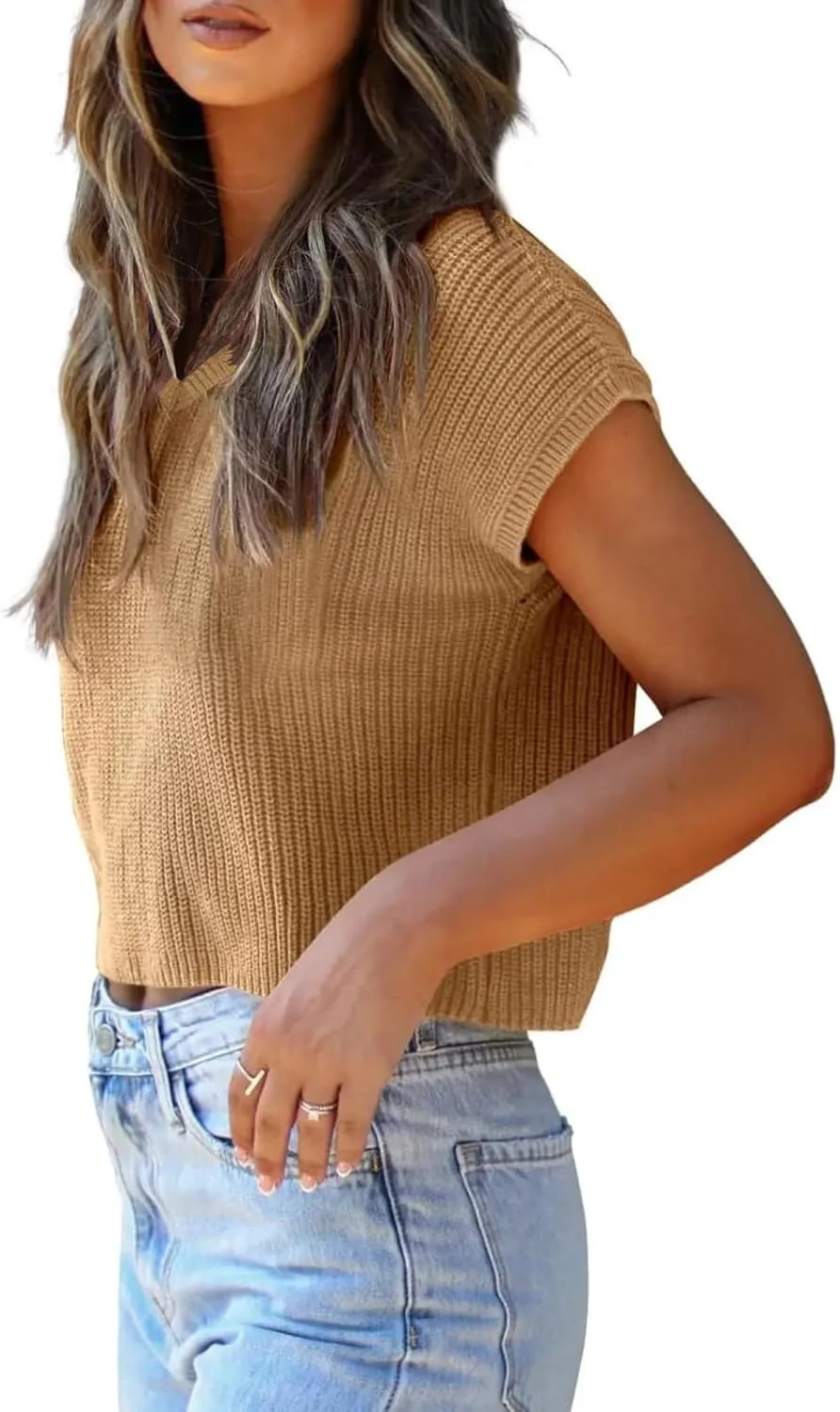 LCXWFE Womens Summer Cropped Sweater Vest Trendy Cap Sleeve Crop Tops Crew Neck Loose Knit Tank Top