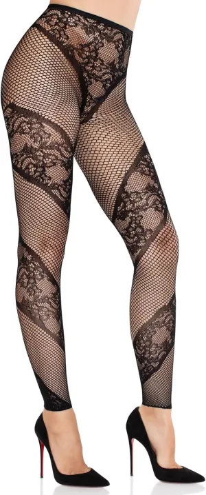 Leg Avenue Women’s Tights with Designs Footless Lace and Fishnet Patterned Tights for Women, Black, One Size