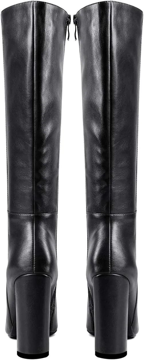 LEHOOR Women Knee High Chunky Heel Boots Pointed Closed Toe Side Zipper High Heeled Dress Shoes Sexy Trendy for Ladies 4-11 M US