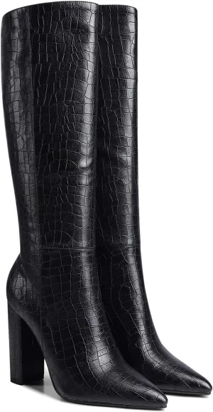 LEHOOR Women Knee High Chunky Heel Boots Pointed Closed Toe Side Zipper High Heeled Dress Shoes Sexy Trendy for Ladies 4-11 M US
