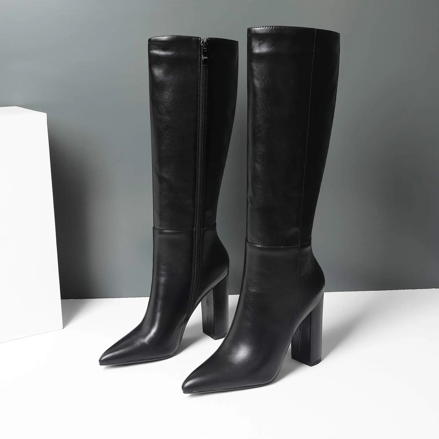 LEHOOR Women Knee High Chunky Heel Boots Pointed Closed Toe Side Zipper High Heeled Dress Shoes Sexy Trendy for Ladies 4-11 M US