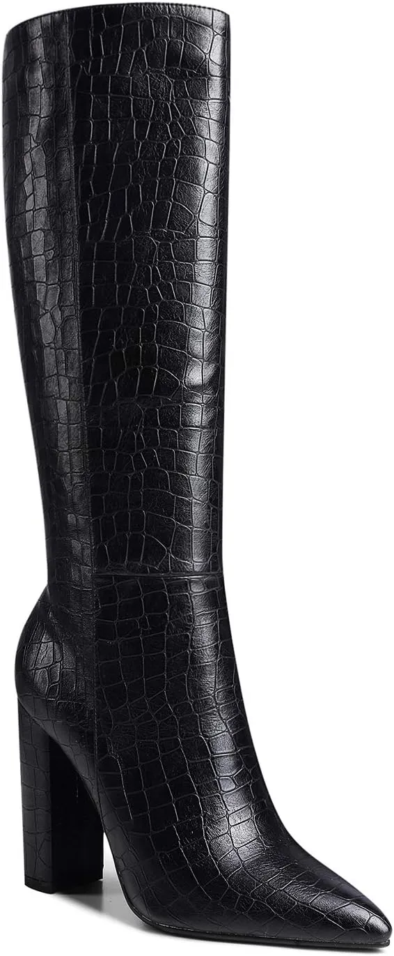 LEHOOR Women Knee High Chunky Heel Boots Pointed Closed Toe Side Zipper High Heeled Dress Shoes Sexy Trendy for Ladies 4-11 M US